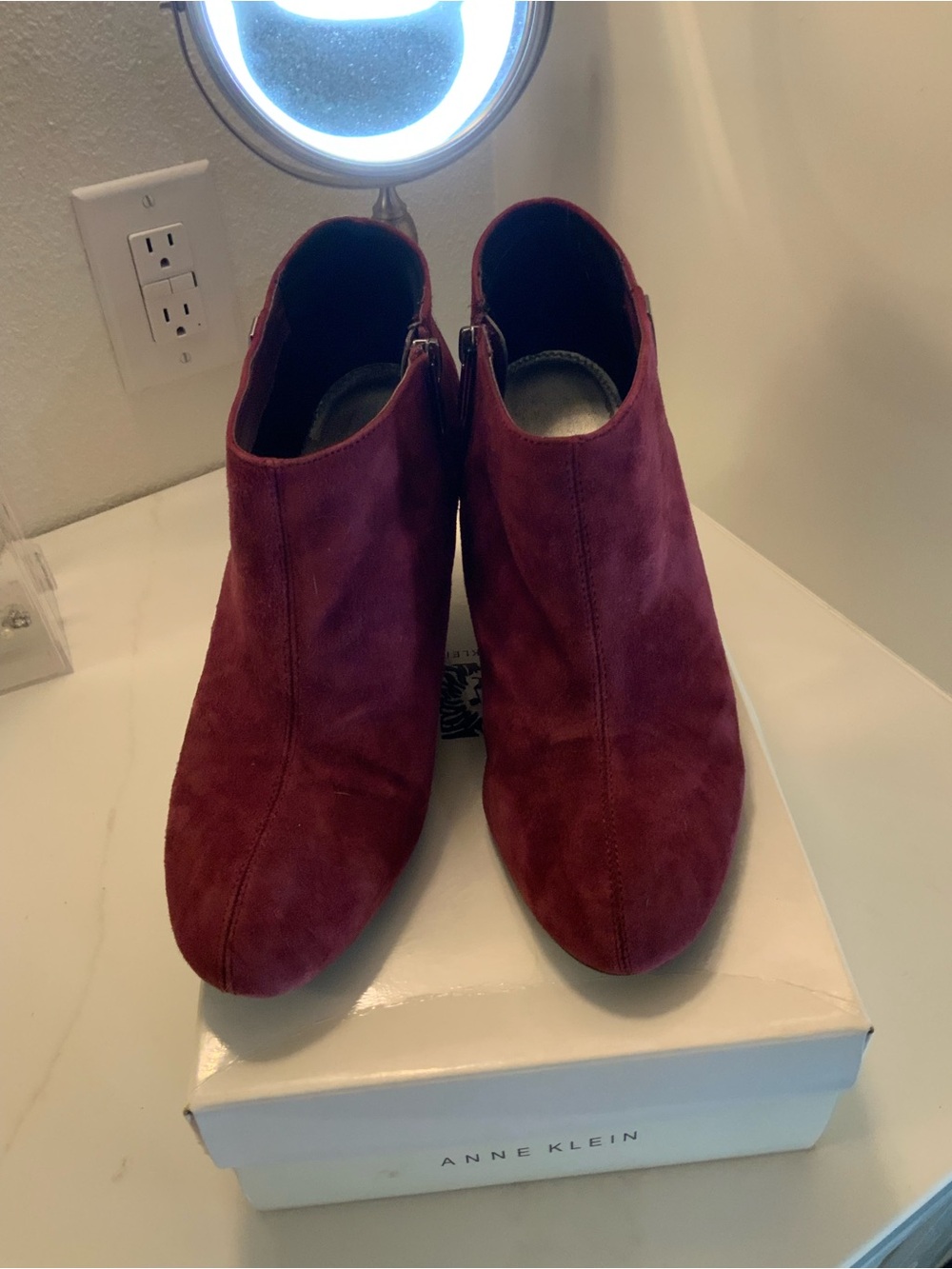 Anne Klein Burgundy Suede Ankle Booties with Side Zip